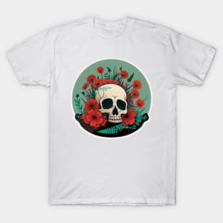 Skull head & red flowers Illustration T-Shirt